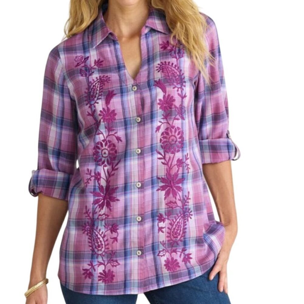 Soft Surroundings Top XS Pink Plaid Floral Embroidery Preppy Boho Western Mature